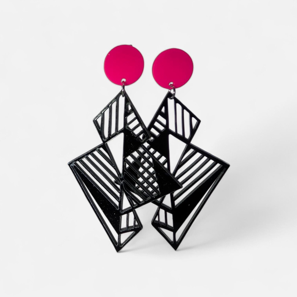 Hot Pink and Black Lightning Bolt Long Acrylic Earrings